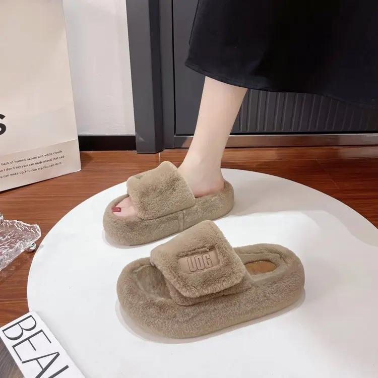 

Мода 2024 года, новые плюшевые тапочки на толстой подошве, увеличивающие рост, для женщин, осень и зима, модные домашние плюшевые тапочки 37 хаки