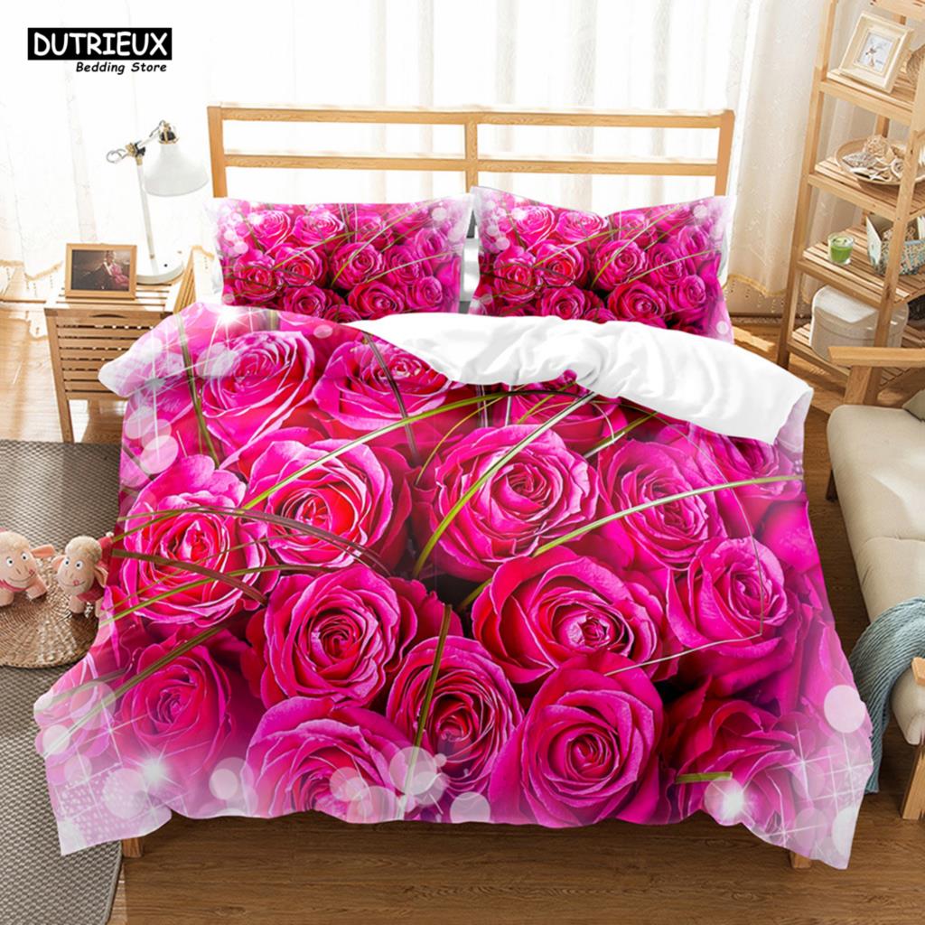 Roupa de Cama Estampada Flor de Amor 3D Conjuntos de Roupa de Cama de Poliéster Cobertores para Crianças Meninos Roupa de Cama para Adolescentes Conjunto de Roupa de Cama Tamanho King