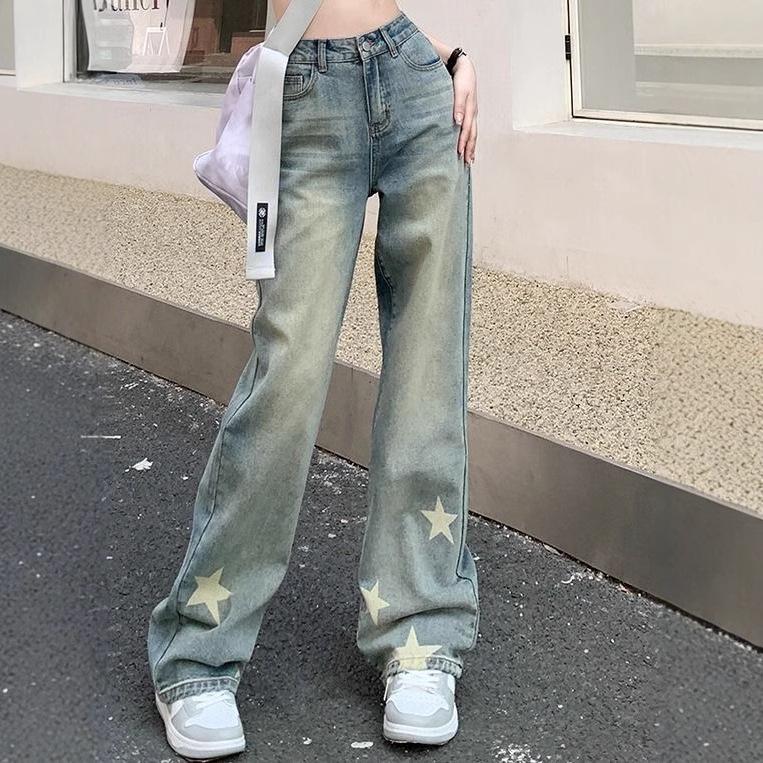 

Women s High-Waisted Retro Denim Wide-Leg Jeans with Printed Design, Autumn/Winter Style M