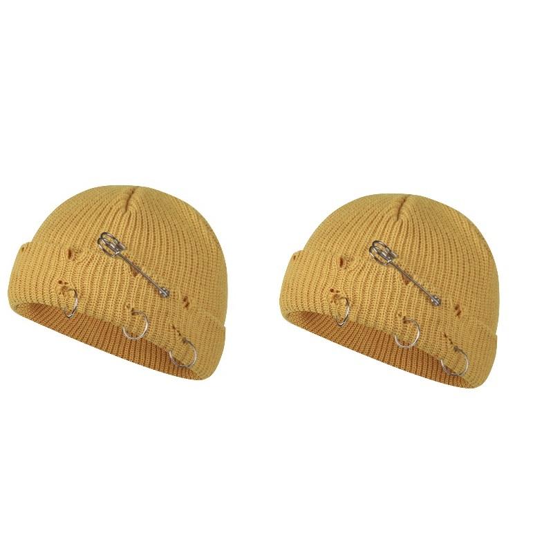 Women Girls Y2k Gothic Beanie Winter Knit Hats Trendy Metal Rings Pin Hip Hop Streetwear Harajuku Skull Cap Emo Scene Grunge