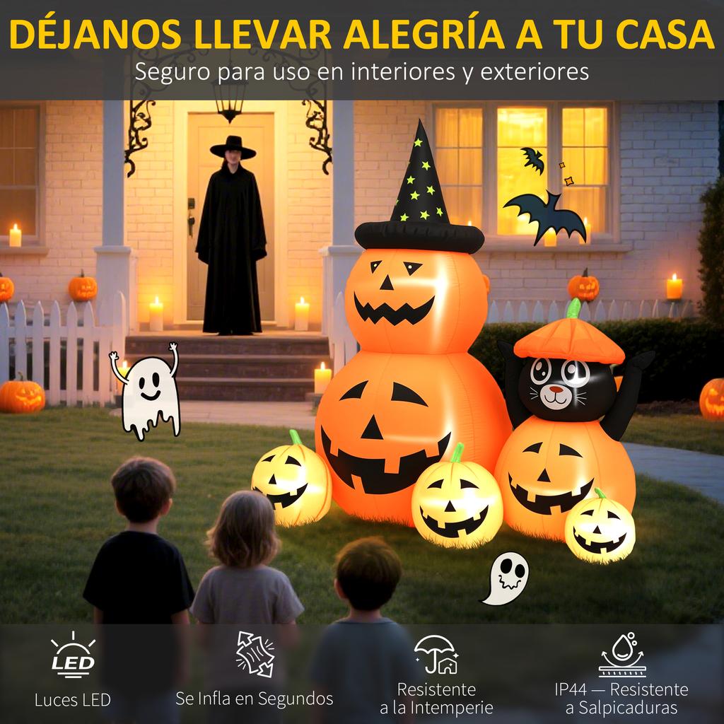 Inflatable Halloween Pumpkin with 6-Legged Cat, LED Lights, IP44, and Inflator for Parties, 160x100x180 Cm, Orange