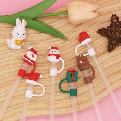 2 pezzi di tappo di cannuccia in silicone natalizio, riutilizzabile, antipolvere, per decorazioni per feste in tazza, Babbo Natale, pupazzo di neve, alce, albero di Natale, campane, punte di cannuccia