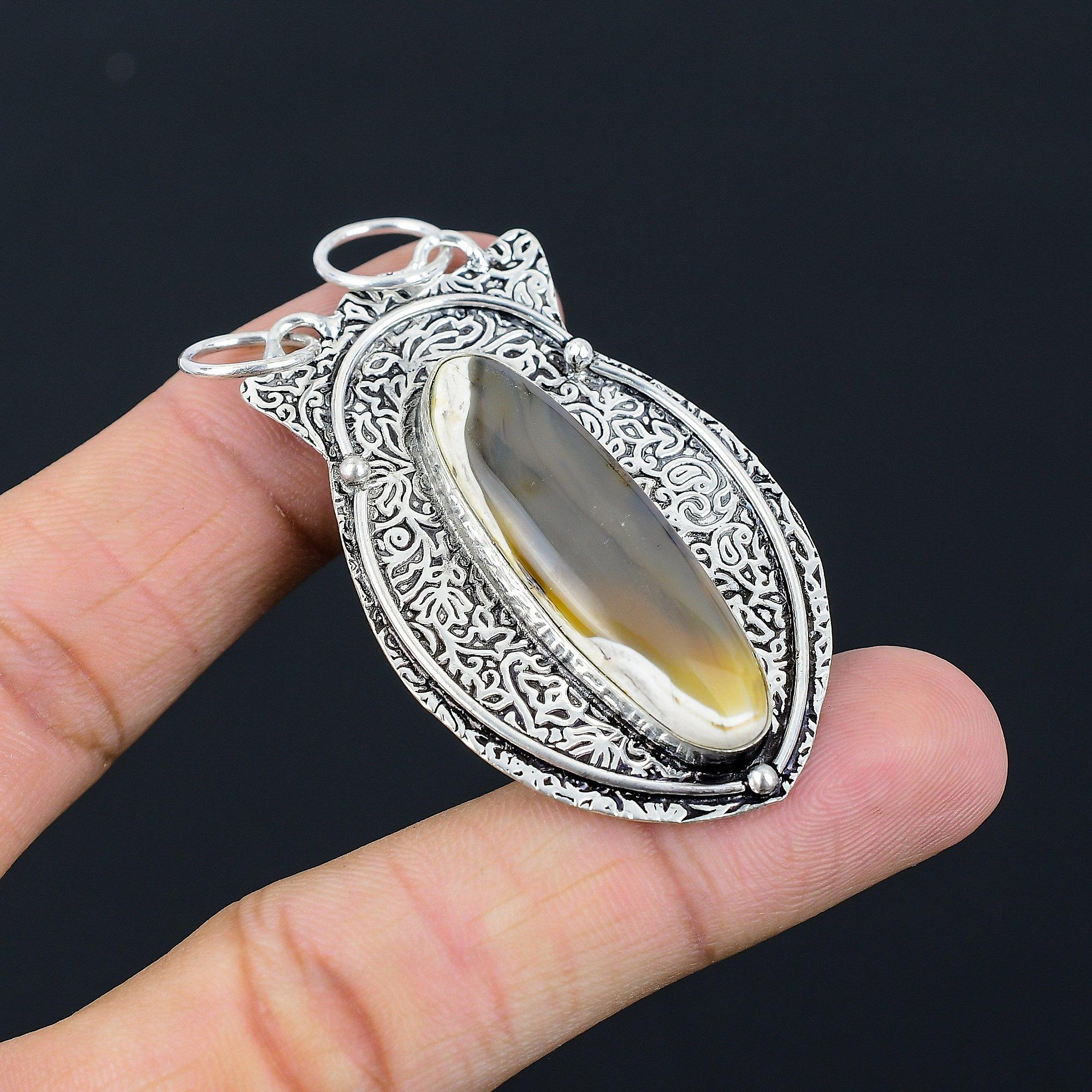 Natural Montana Agate Gemstone Pendant Brown 925 Sterling Silver Indian Jewelry