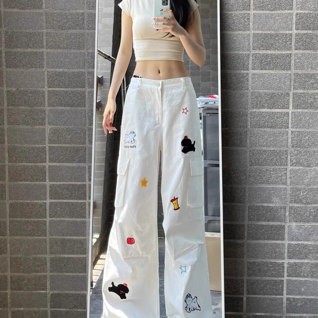 Women s High Waist White Embroidered Cargo Pants Loose Wide Leg Straight Leg Casual Streetwear Trousers S белый