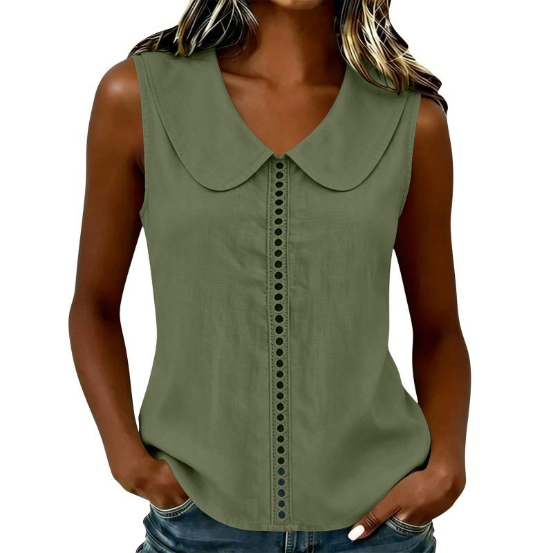Women's Peter Pan Collar Sleeveless Blouse Eyelet Detail Casual Tank Top