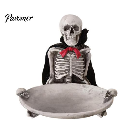 Halloween Skull Tray Skeleton Decorative Tray, Gothic Storage with Black Cape Red Party Supplies Bow, Multifunctional Desktop Organizer for
