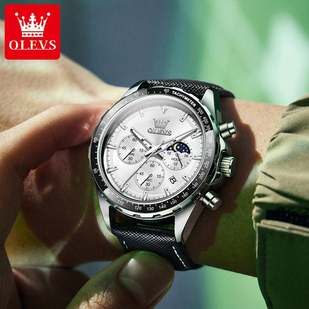 Luxury Quartz Watch for Men Chronograph Moon Phase Waterproof Multifunction Leather Men's Wristwatches