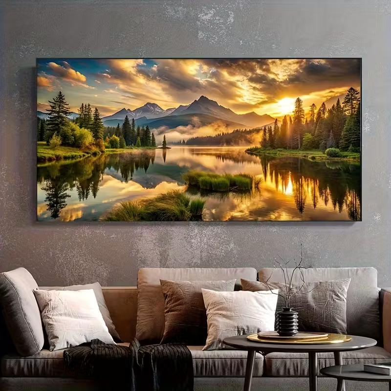 2D Reflective Forest Lake Tapestry Mountain Sunset Photography Background