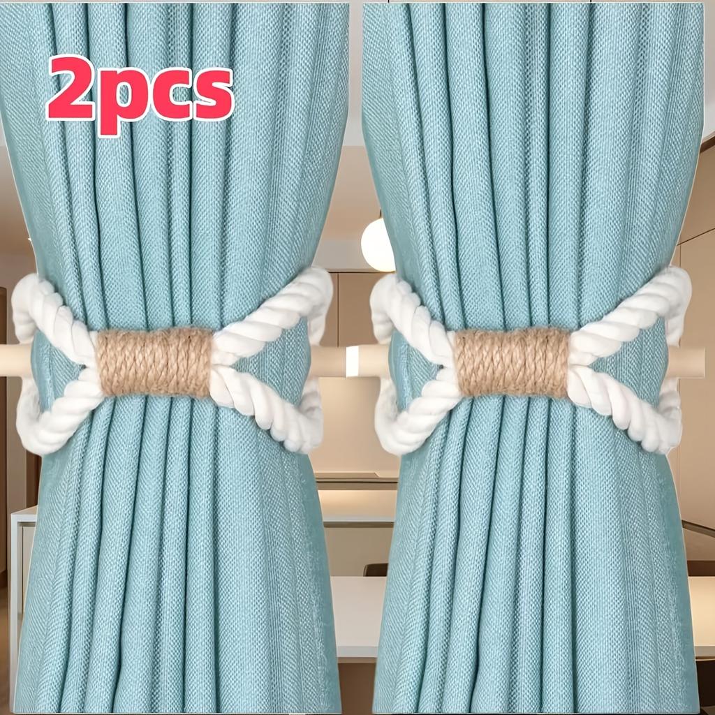2pcs Boho Style Curtain Tiebacks, Rustic Solid Wooden Rods with Thick and Jute Rope, Simple Curtain Holdbacks for Bedroom & Living Room Decor