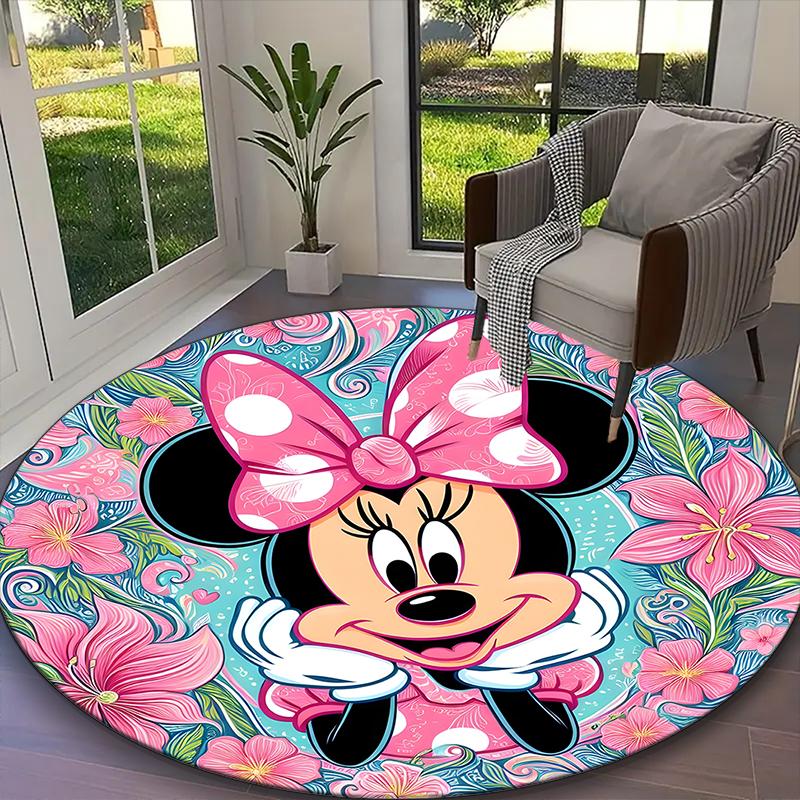 1pc Minnie Mouse Pink Floral Pastel Rug, Digital Printed Home Chair Sofa Mat, Durable Office Round Carpet, Beautiful Festival Decorations