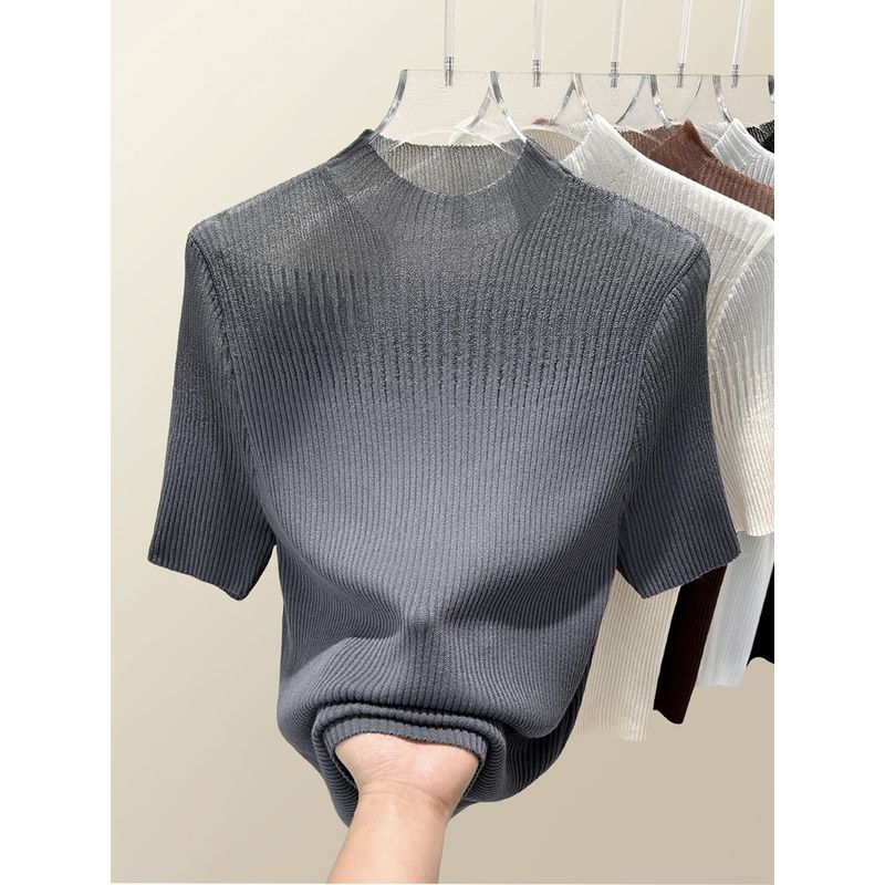 

Summer New Arrival Cutout Half Turtleneck Mesh Lace Short Sleeve T-shirt Top Women s Clothing Korean Wear Ice Silk Sweater Hemp Gray [short sleeve] [fabric upgrade]] L