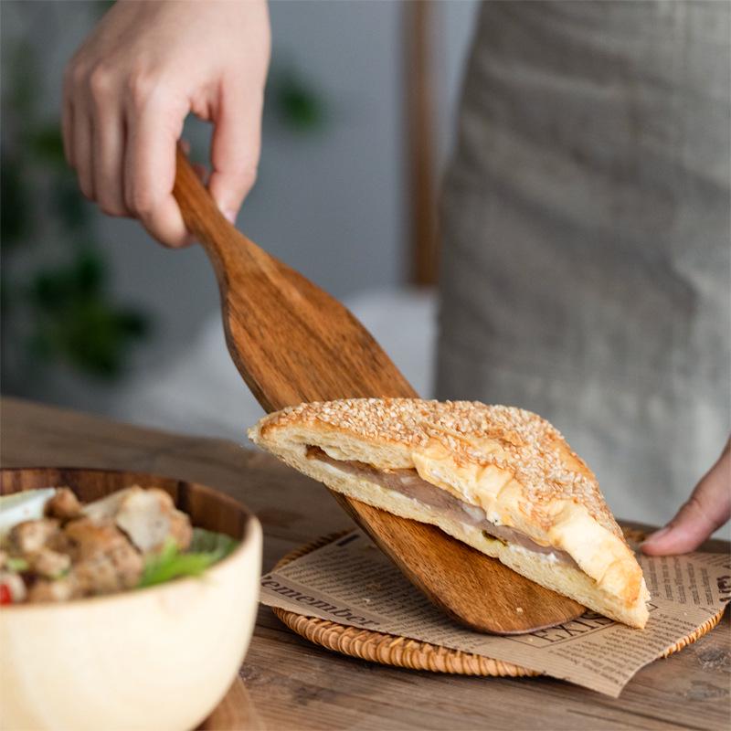 Teak Wood Pizza Shovel & Non-stick Spatula Set - Includes Frying, Salad, and Butter Scraper Spoons