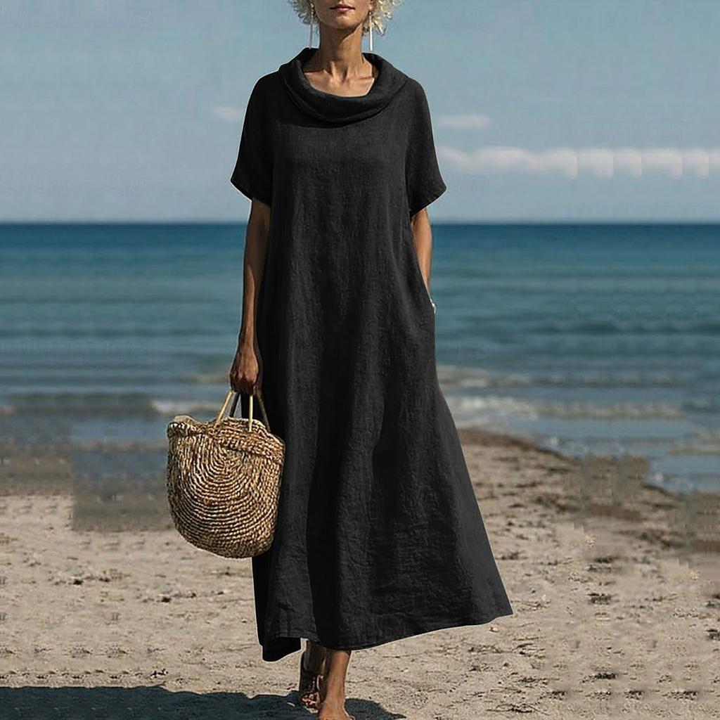Women's Loose Fit Cowl Neck Maxi Dress Short Sleeve Solid Patterned Casual Linen Floor Length Gown