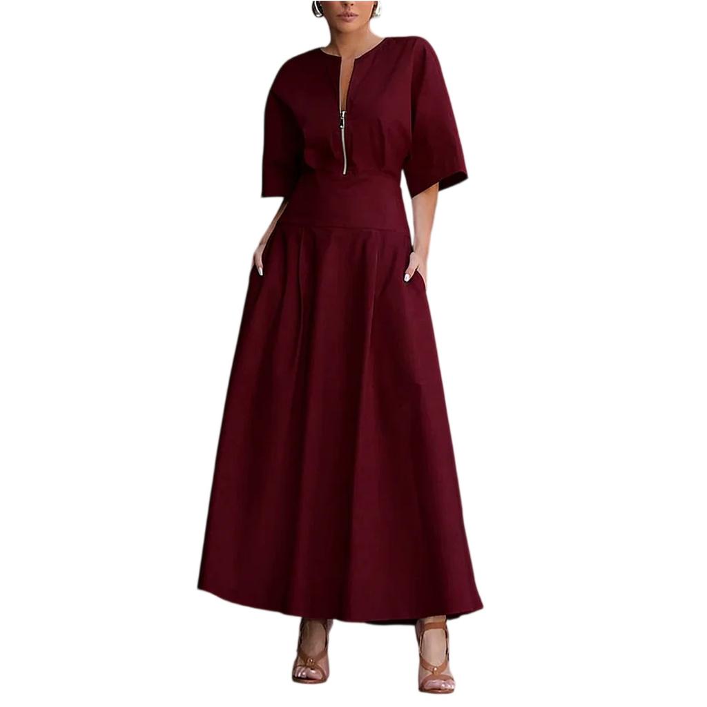 Fashionable Women's  Color Dress, Large Swing Long Skirt, Fashionable Casual Short Sleeved Dress, Women's