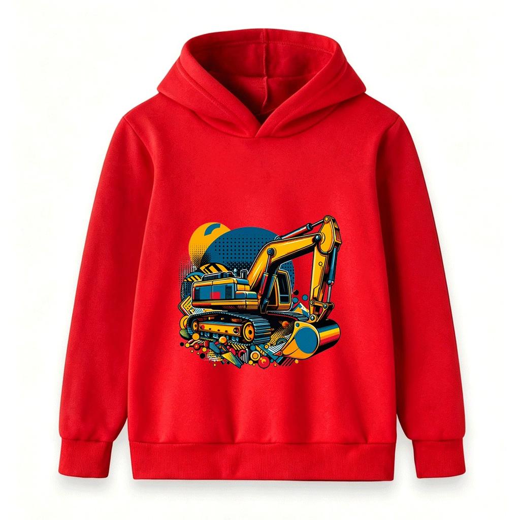 Kids Excavator Print Hoodie Sweatshirt, Cartoon Construction Vehicle Pullover for Boys Girls, Casual Long Sleeve Tops for Daily Wear