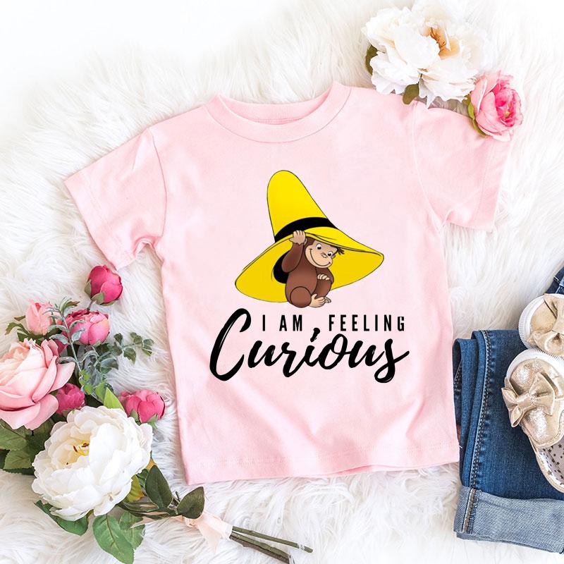 T-shirt Kawaii per bambine Stampa cartone animato Scimmietta Curious George Abbigliamento per bambini T-shirt estive T-shirt per bambine Top rosa a maniche corte