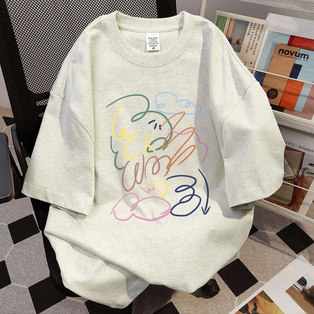 Ladies Summer Short Sleeve Round Collar Casual Graffiti Printed Teenager Pullover Oversize Cotton T Shirt Top