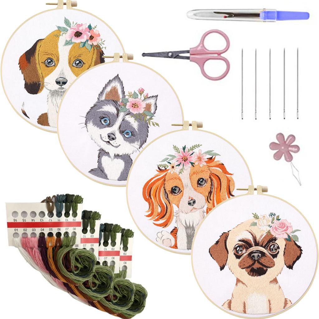 4 Pack Animal DIY Embroidery Kit with Embroidery Hoop Embroidery Starter Kit for Beginners Adults Hand Craft Lover Gift