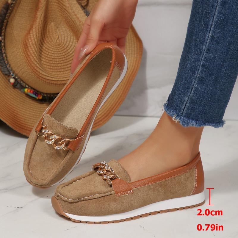 Fashi Metallkette Weiche Sohle Ballerinas Damen Frühling Herbst Wildleder Leder Plateau Loafer Damen zum Hineinschlüpfen N Slip Lässige Schuhe