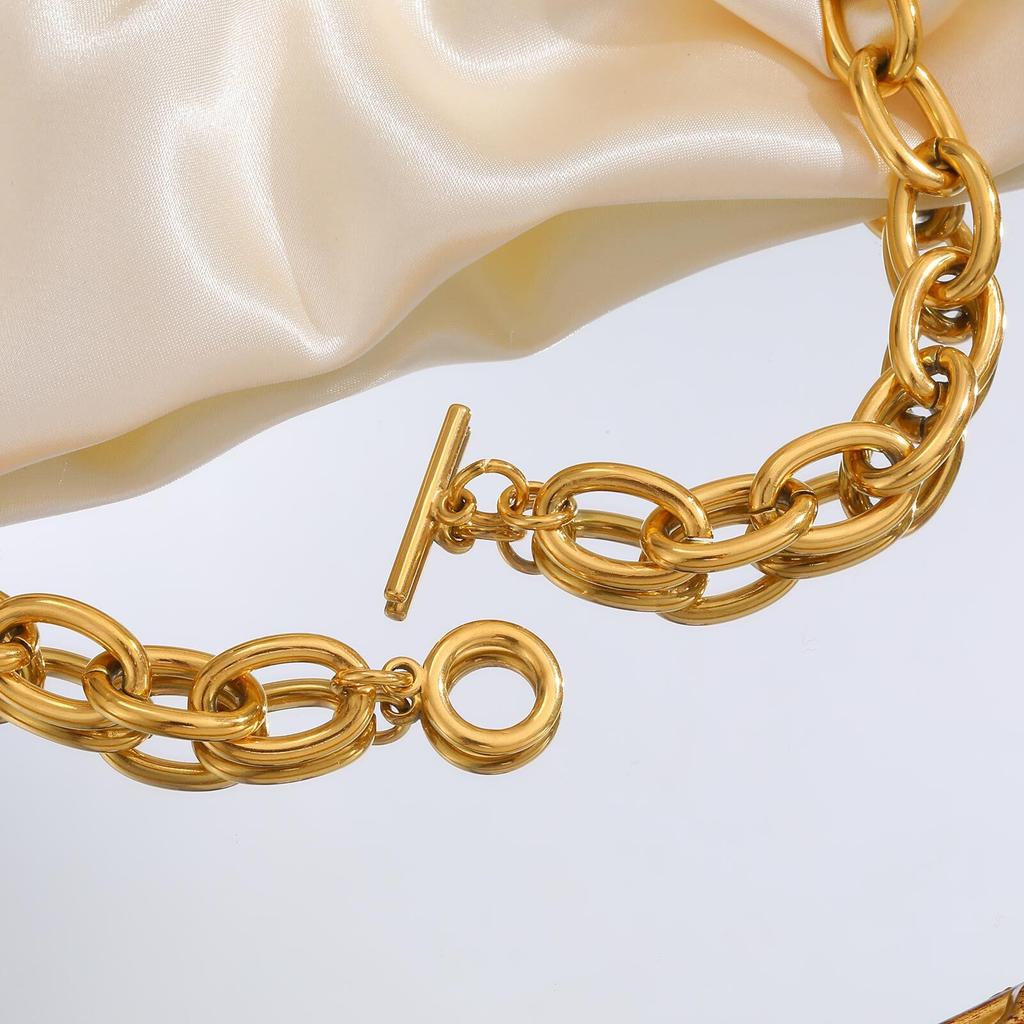 Grote Schakelketting met Toggle Sluiting voor Dames, 18K Verguld Ovalen Schakelketting, OT Bar Sluiting Waterdichte Sieraden
