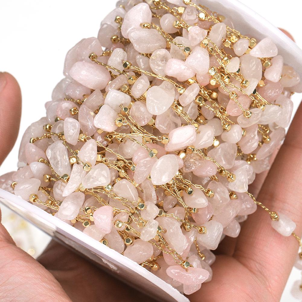 1meter Stone Chain Light Pink Gold Color Real Stone Irregular Beads Crystal Chains for Necklace Bracelet Jewelry Making DIY