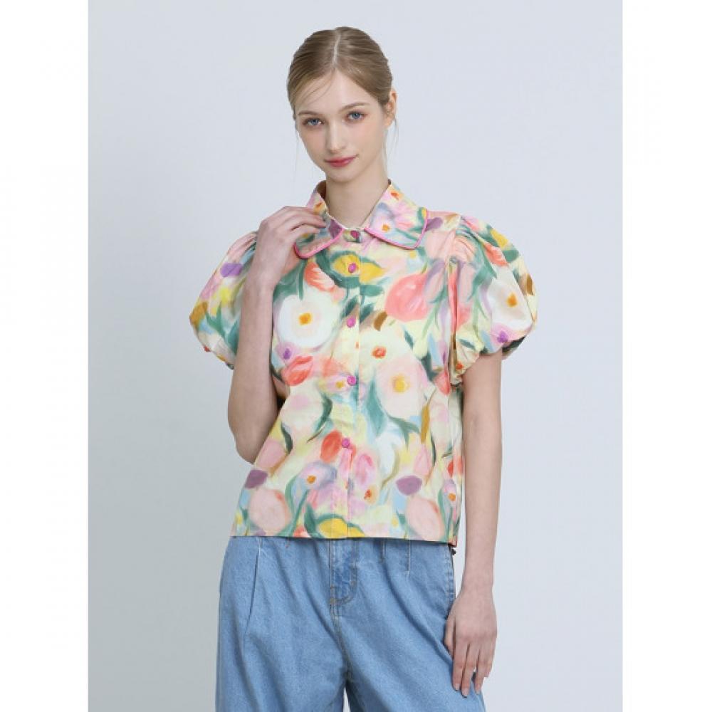 Cresson Short Sleeve Flower Pattern Balloon Sleeve Shirt