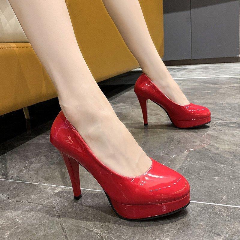 Neue modische Damen-High-Heels wasserdicht Tisch Dünn-Absatz Einzelne Schuhe Lackleder Runde Spitze Übergröße Arbeit Damen Einzelne Schuhe