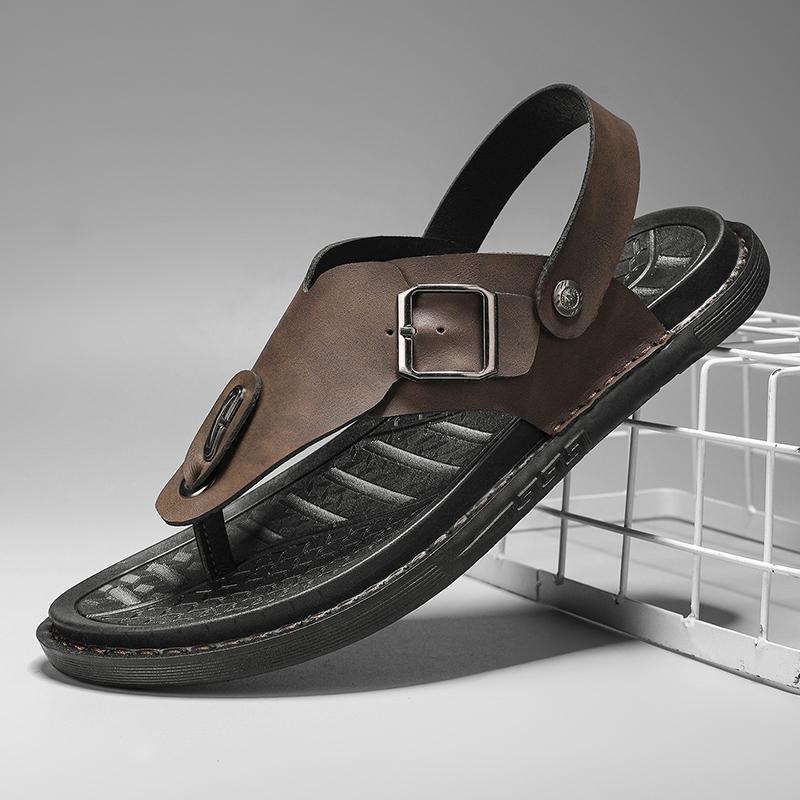 Fashion 2025 New Men's Genuine Leather Outer Wear Summer Casual Slippers Beach Shoes Anti-Slip Clip-On Slippers Soft Bottom Durable