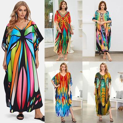 2024 European & American Plus Size Cotton Print Beach Cover-up Dress for Women