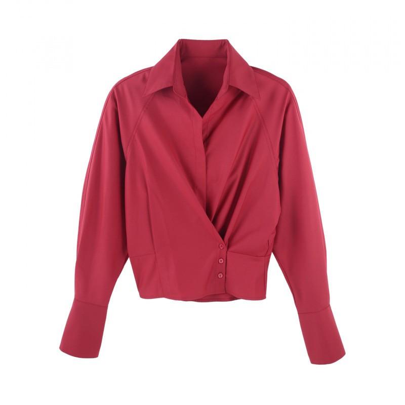 Womens Slim Fit Short Long Sleeve Shirt White Casual Office Blouse 2026 Elegant Pure Color Top