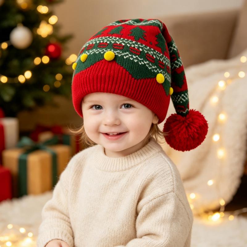 Unisex Adult Kid Christmas Jacquard Knitted Beanie Winter Warm Ear Protection Yarn Hat Family Matching Holiday Costume Pullover Hat for Christmas