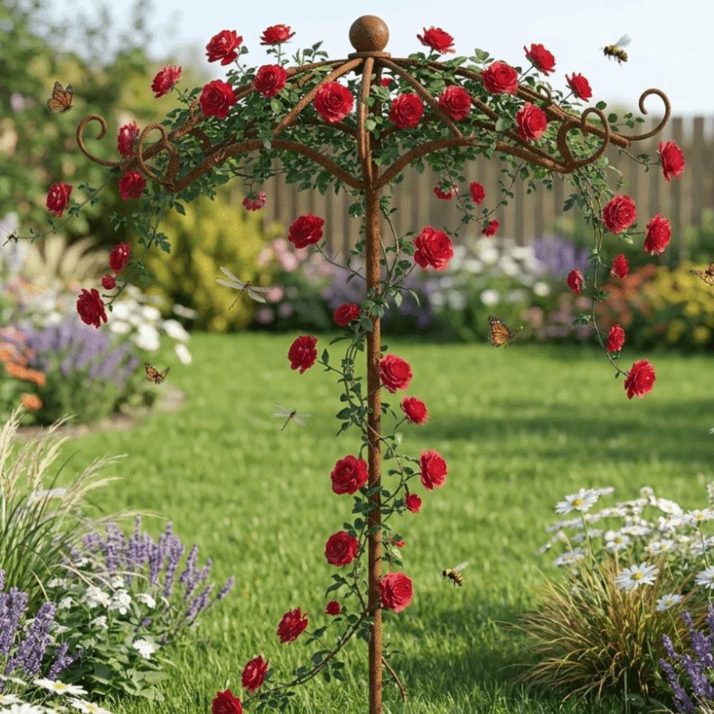 Retro Rusted Umbrella Shape Plant Support Pile Weather-Resistant Prevent Tipping Over Bonsai Fixing Rod Iron Detachable