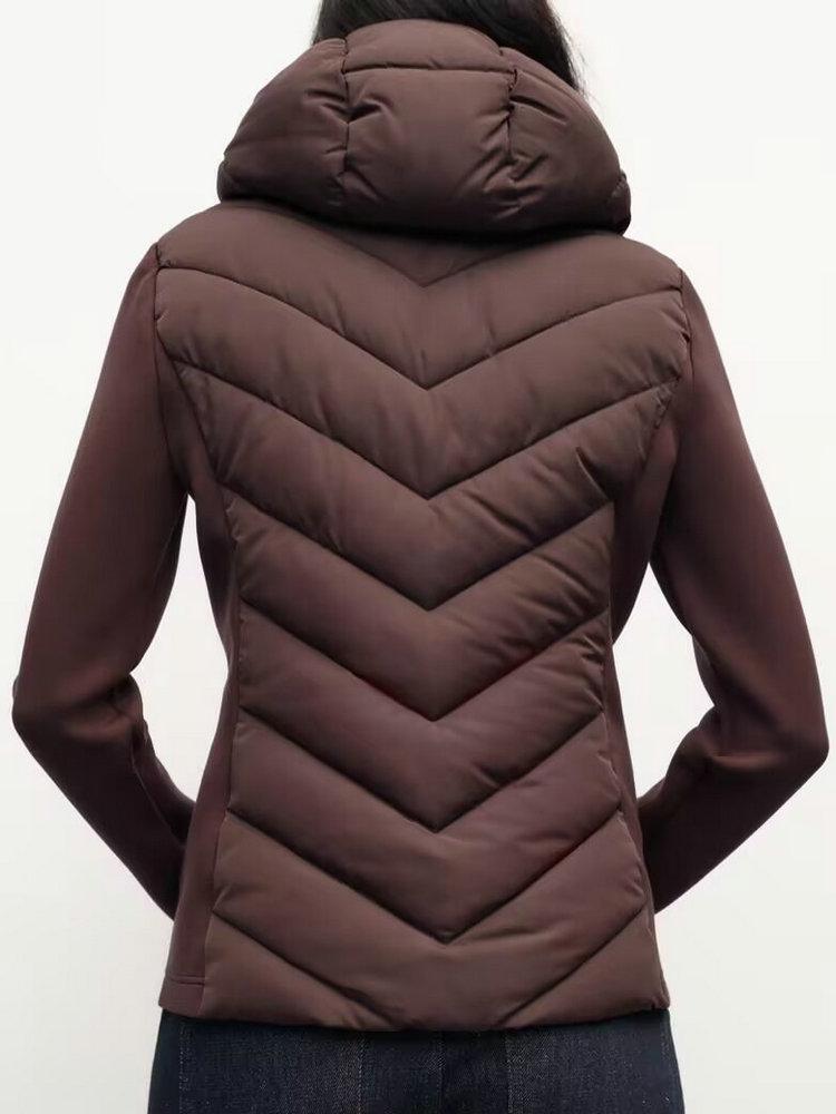 Autumn and Winter Women's Zipper Trim Patchwork Long-sleeved Hooded Cotton Jacket Coat
