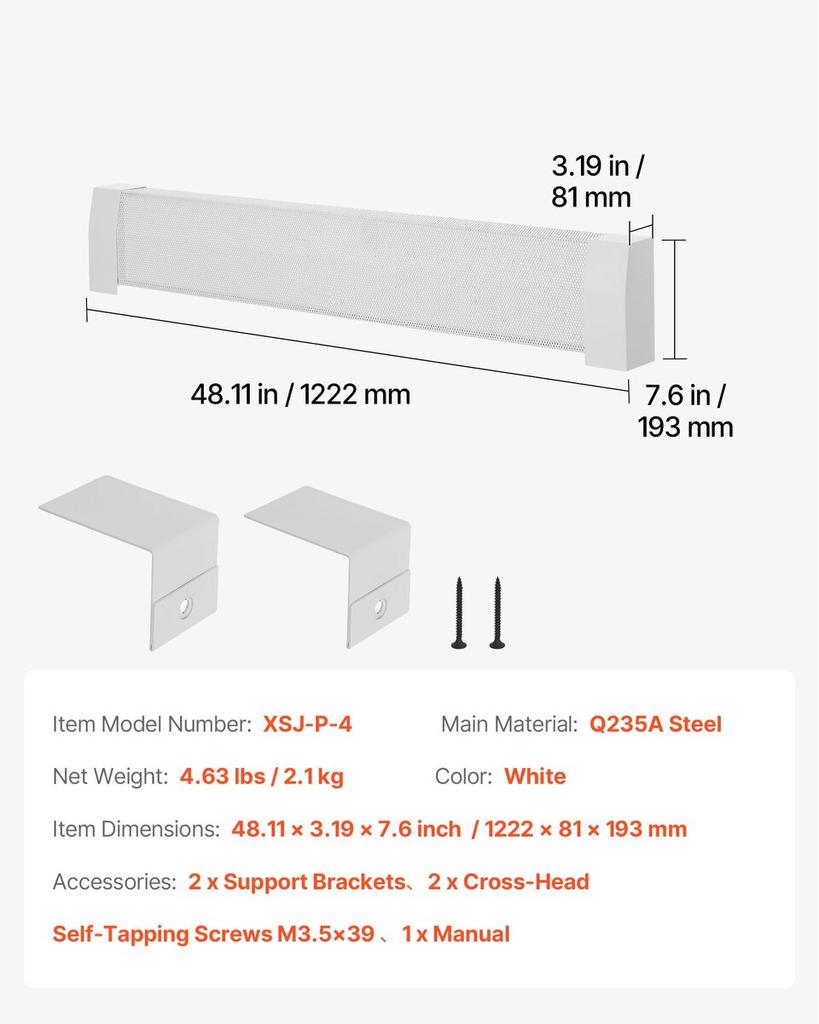 Baseboard Heater Covers, Premium Series 1222 Mm Standard Electric Heating Unit Front Cover for Home Improvement, Heavy-duty Steel, Easy Installation