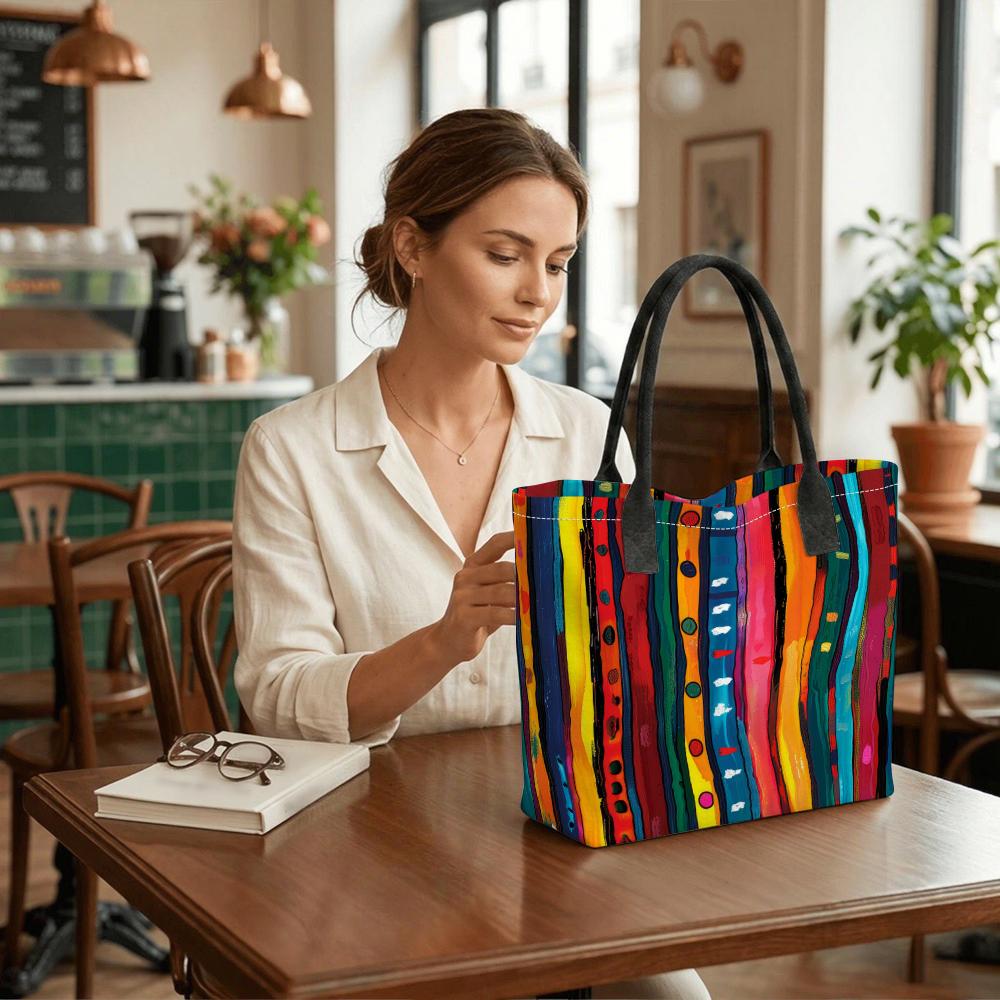 Colorful Striped Art Tote Bag Large Capacity Casual Shoulder Bag for Daily Use
