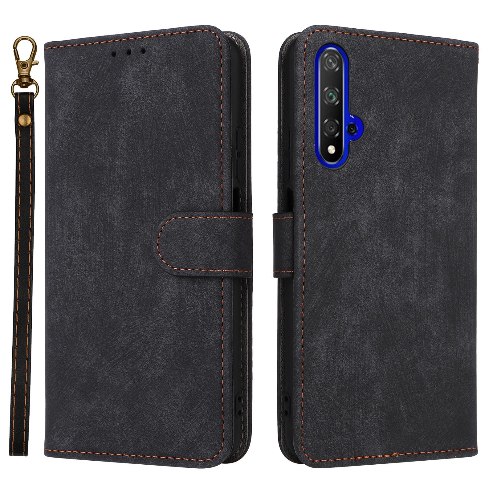 

For Huawei nova 5T 4G/Honor 20/20S (For China) RFID Blocking Phone Case Wallet Stand PU Leather Cover with Strap Black