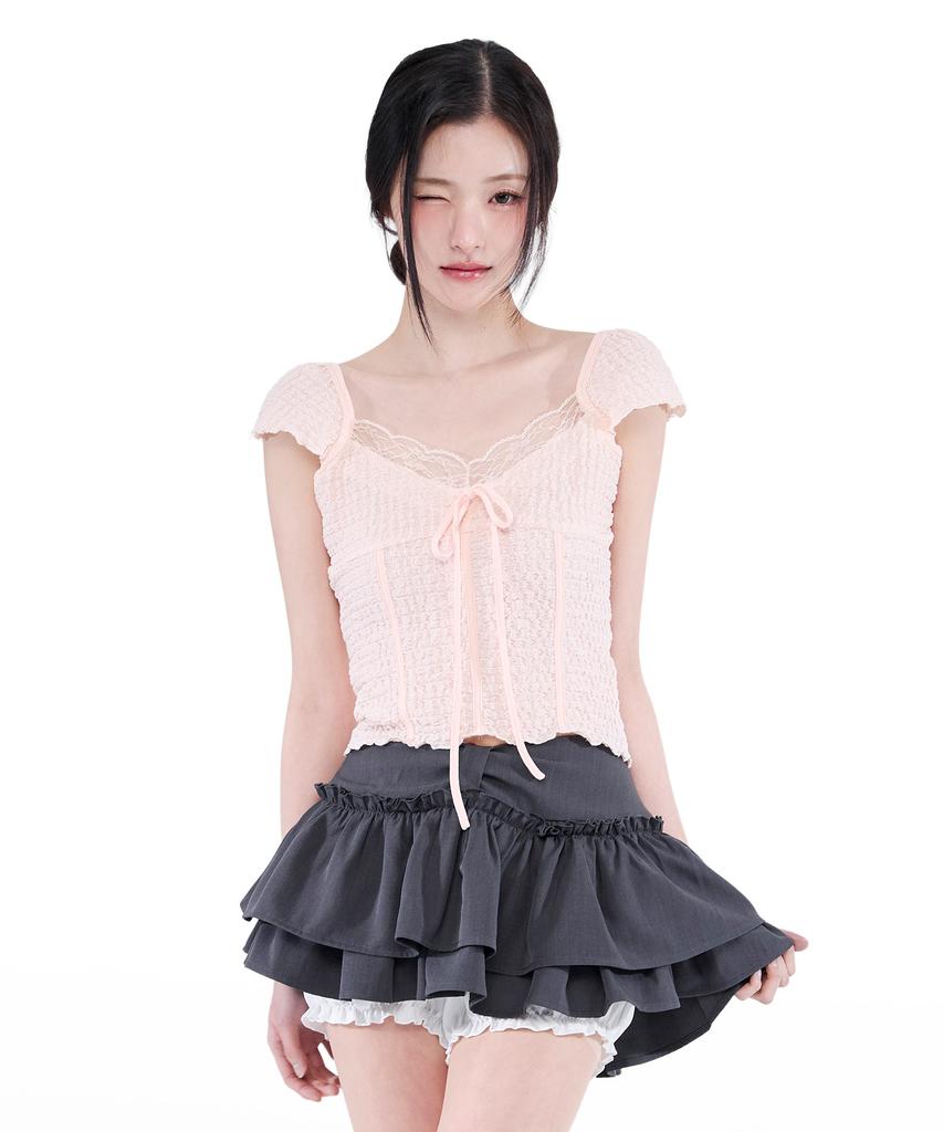 Alkialka Ribbon Tiered Mini Skirt (Charcoal)