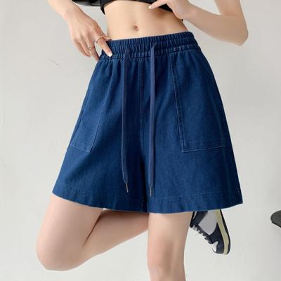 Summer Women Loose Jeans Shorts Fashion Drawstring Pockets Wide Legs Denim Shorts Elegant A-line Short Jeans Casual Pleated Waist Short Pants 948