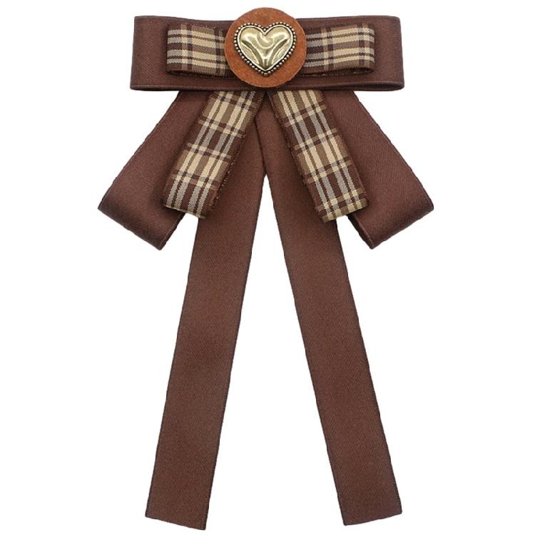 Vintage Brown Plaids Ribbon Pre Tied Bowtie Brooch Pin Women Corsage Shirt Jabot Collar Uniform Bowknot Necktie Clip