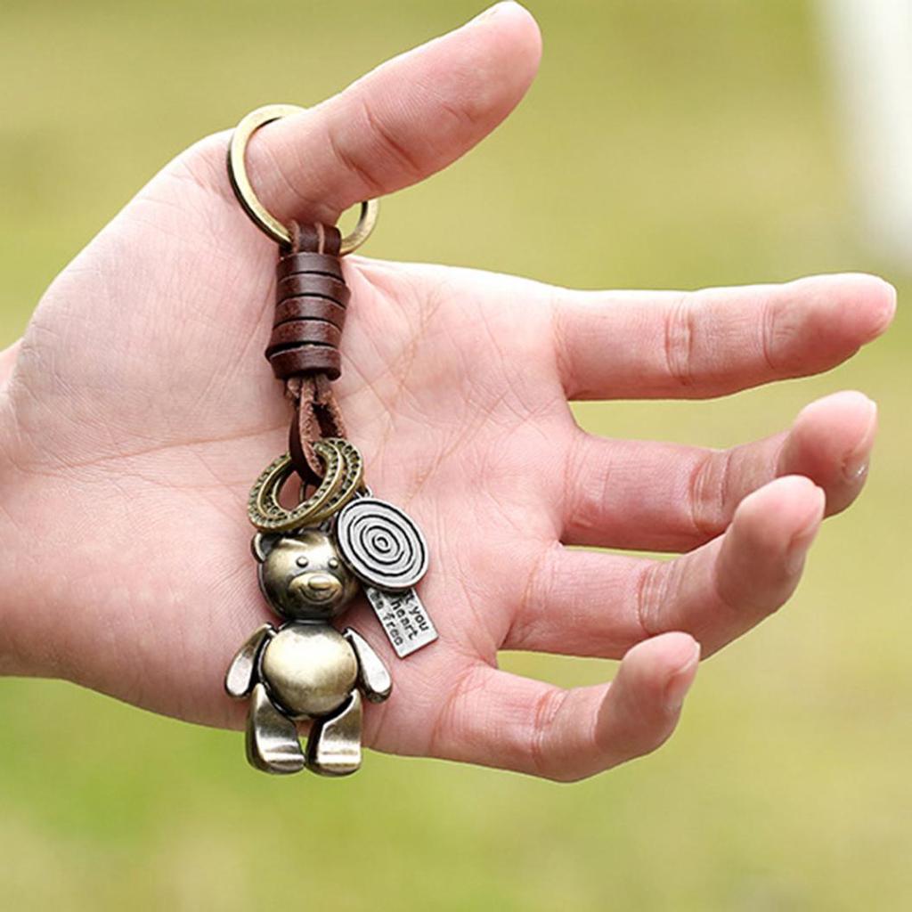 Vintage konstläder cirkel ring tecknad gris björn hänge charm bil nyckelring