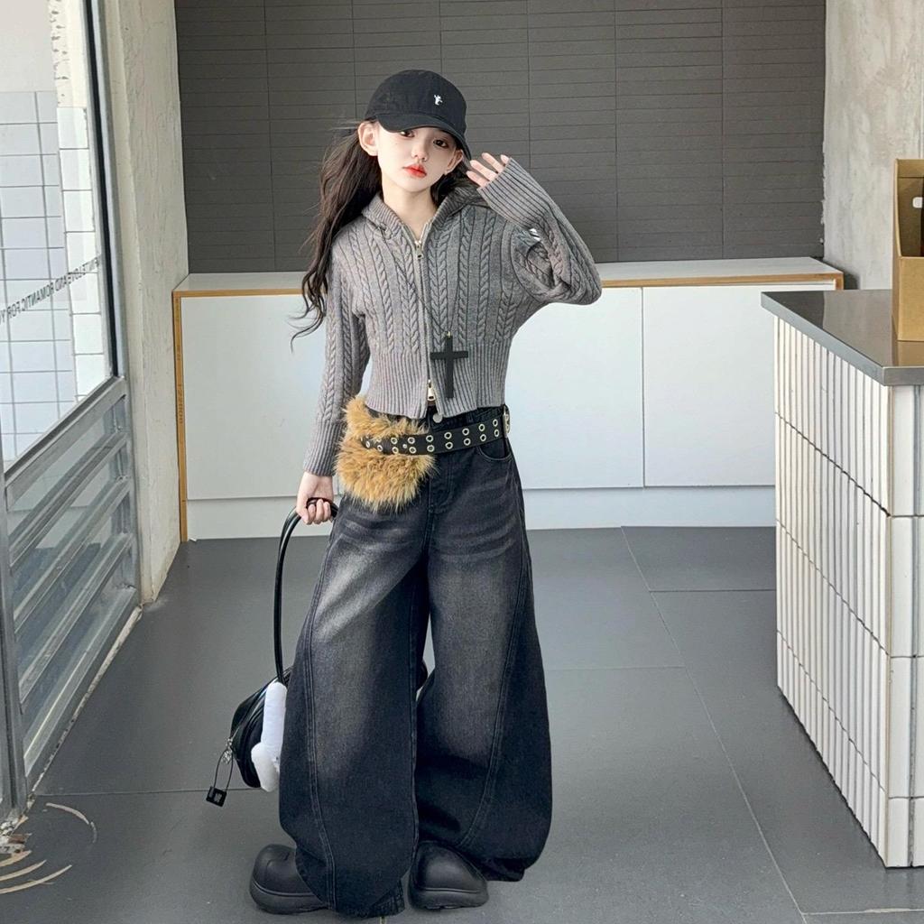 Girls' Autumn 2025 Korean Style Hooded Cardigan & Jeans Set