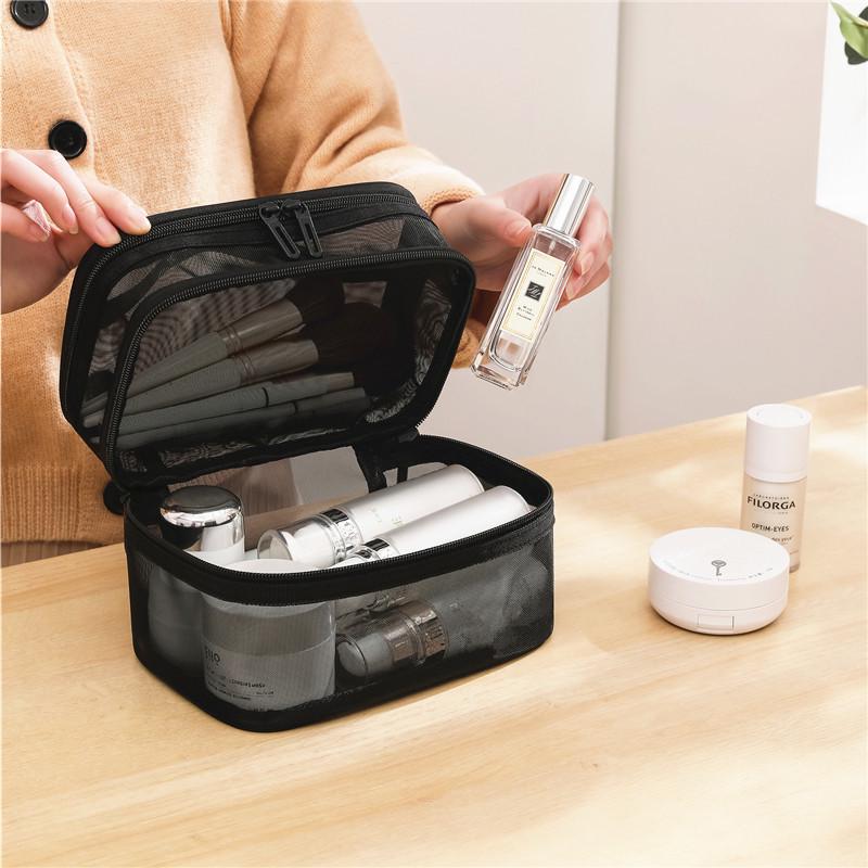 Double-Layer Nylon Mesh Travel Cosmetic Bag - Large Capacity, Transparent, Handheld Toiletry Organizer