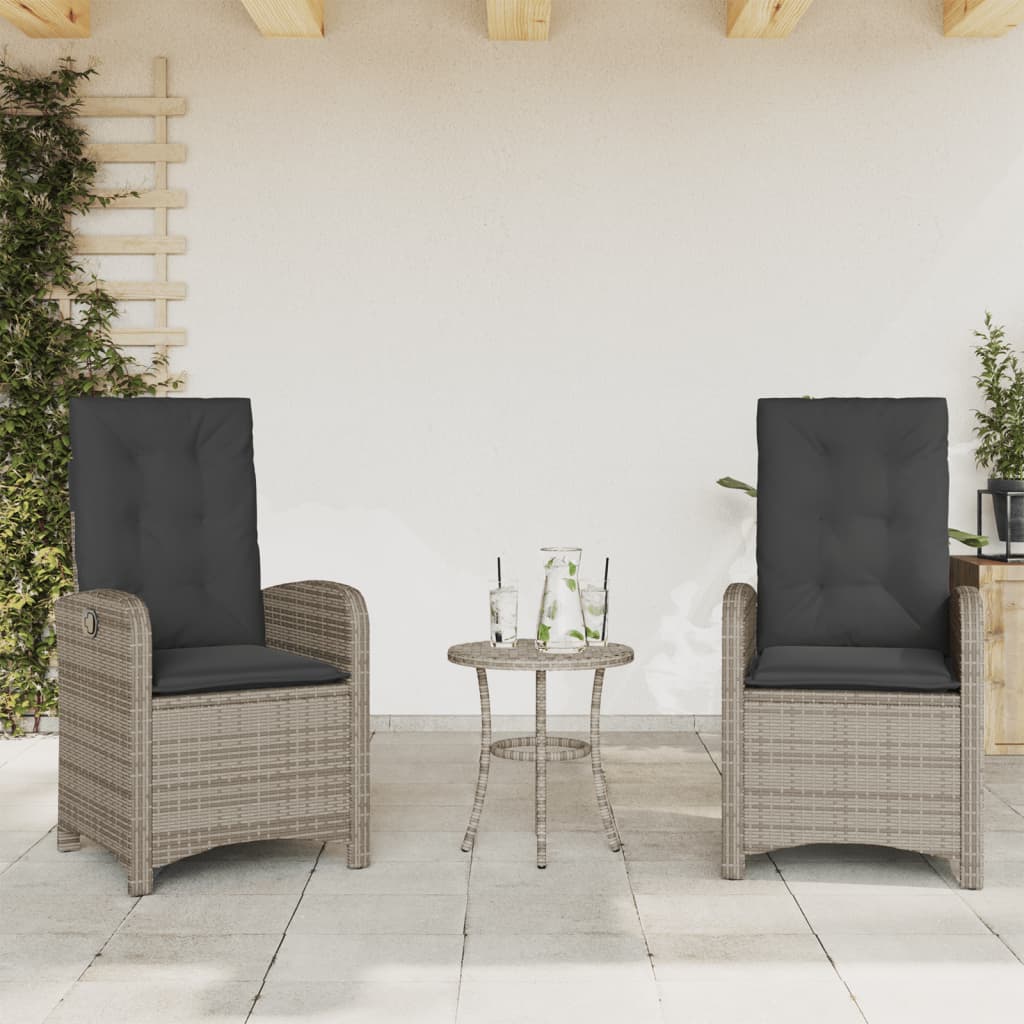3 Piece Bistro Set with Cushions Grey Poly Rattan
