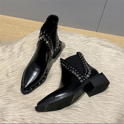 Autumn Winter Woman Shoes Boots Black New Rock Pole Dance Rivet Chunky Heels Western Pointed Toe Chelsea Short Boots Trending