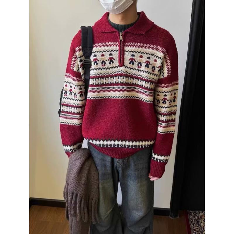 Unisex Japanese Ethnic Jacquard Lapel Sweater - Loose Casual Autumn/Winter Knitwear L