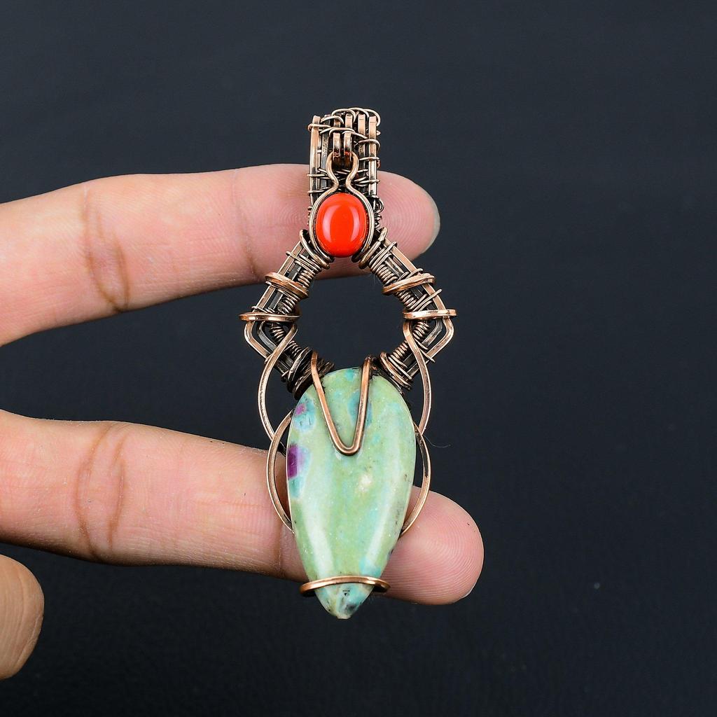 Ruby In Fuchsite, Coral Gemstone Pure Copper Wire Wrapped Handmade Jewelry Pendant Gift