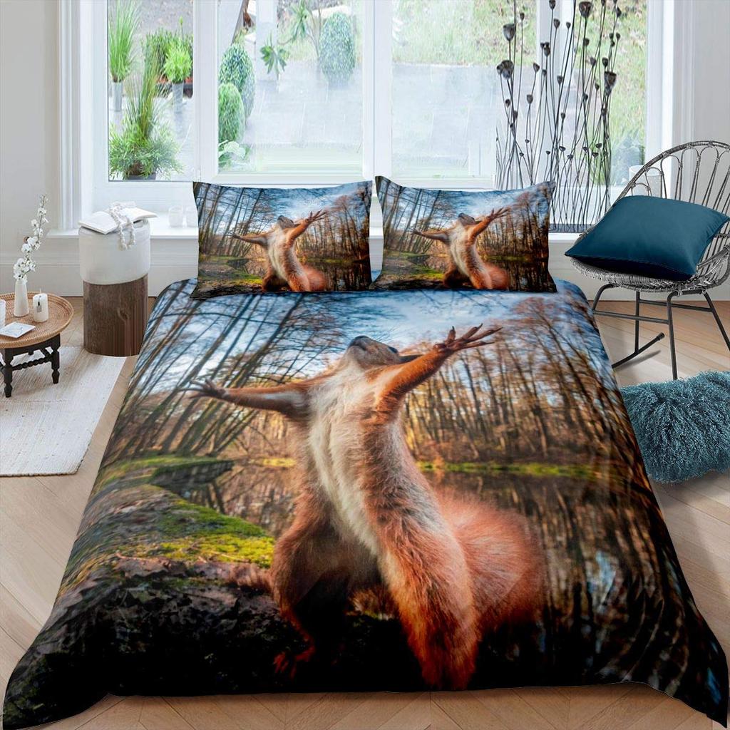 Cute Squirrel Duvet Cover Set Squirrel Bedding Sets 3D Animal Theme Comforter Cover For Boys GirlsNature Theme Quilt Cover Set