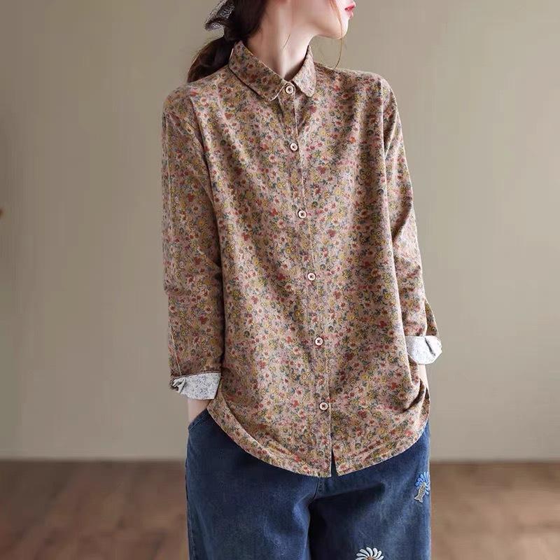Women Long Sleeve Casual Shirts New Arrival Spring Vintage Style Floral Print Cotton Linen Ladies Elegant Tops