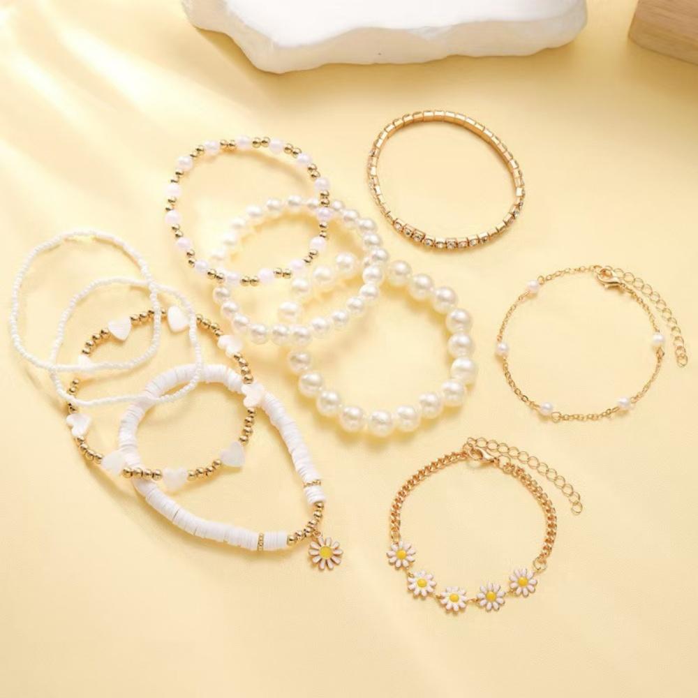 Zircon Jewelry Set Lightweight Pearl Heart Bracelet Gold Color Jewelry  Daisy Flower Bracelet For Gifts For Women Parties