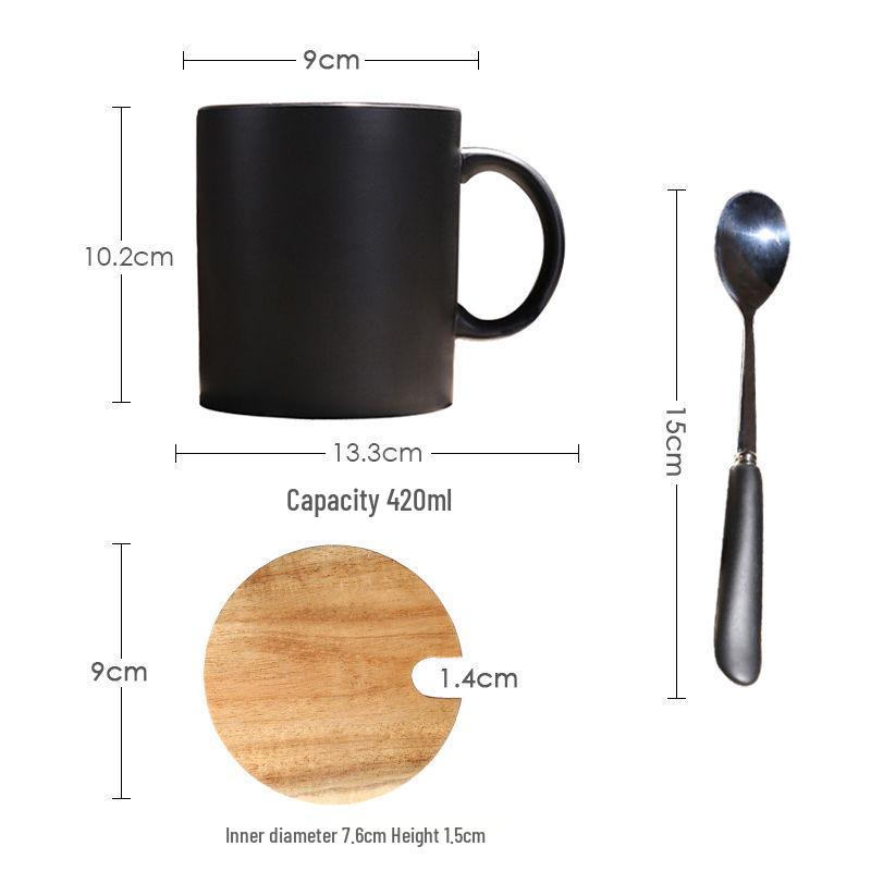 Large European-Style Matte Black Ceramic Mug with Spoon